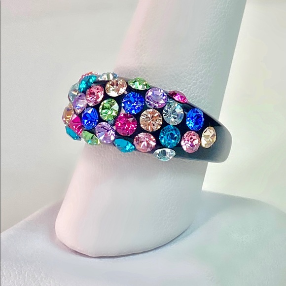 Black Acrylic Ring With Multicoloured Swarovski Crystal Stones • Handmade Ring - Picture 3 of 12
